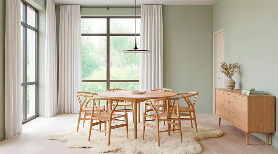Room digitally staged with light green-toned furniture, after virtual staging